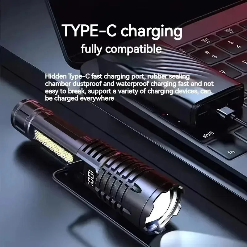 Super Bright COB LED Flashlight TYPE-C Rechargeable Zoomable With Side Light Waterproof Torch Camping Hiking Emergency Outdoor